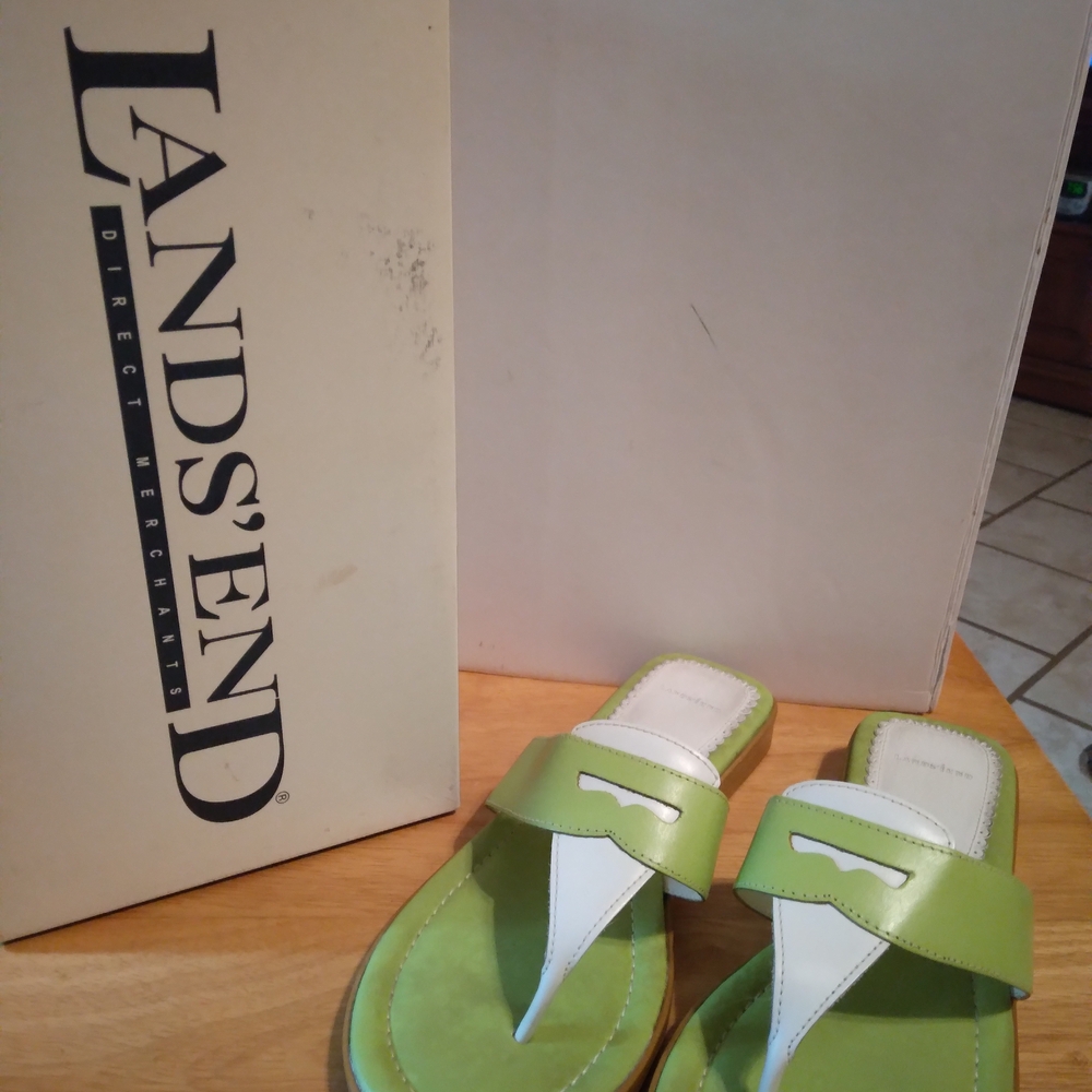 Lands' End Lime and White Slide Sandals